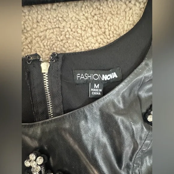 Fashion Nova Faux Leather Rhinestone Crop Top & Flare Pants Set | Black | M - Picture 7 of 15